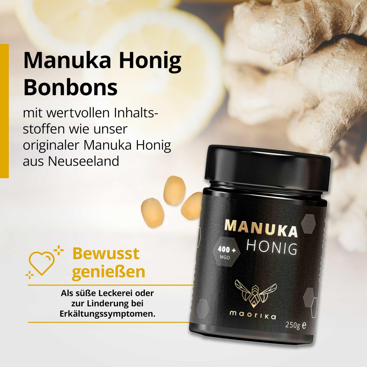 Manuka Honig Bonbons mit erfrischend-belebendem Ingwer Zitrus Geschmack