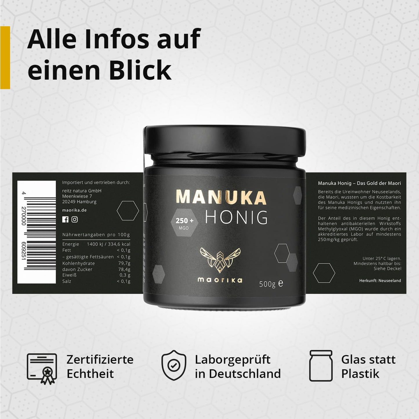 Maorika - Manuka Honig 250 MGO + 150g im Glas